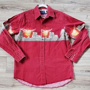 Vtg Wrangler Red, Artlike Mountains Eagle Western Shirt, Snap Down, Lg, EUC